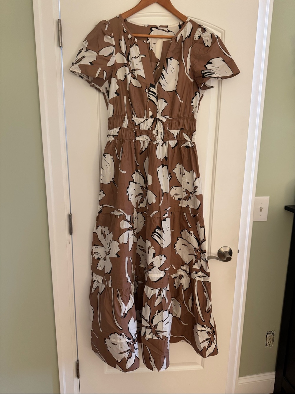 Brown Floral Midi Dress with White Bloom Print